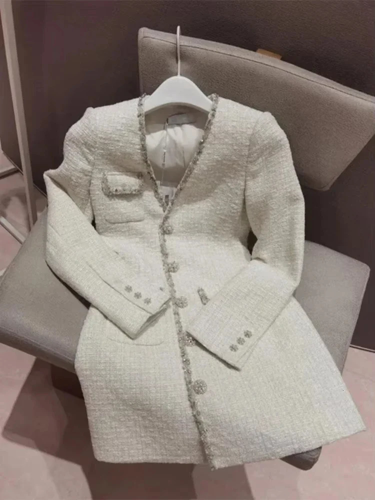 Vintage Tweed Mini Dress Women Elegant V Neck Black Long Sleeve Dresses Korean Single Breasted Bodycon A Line Vestidos 250603