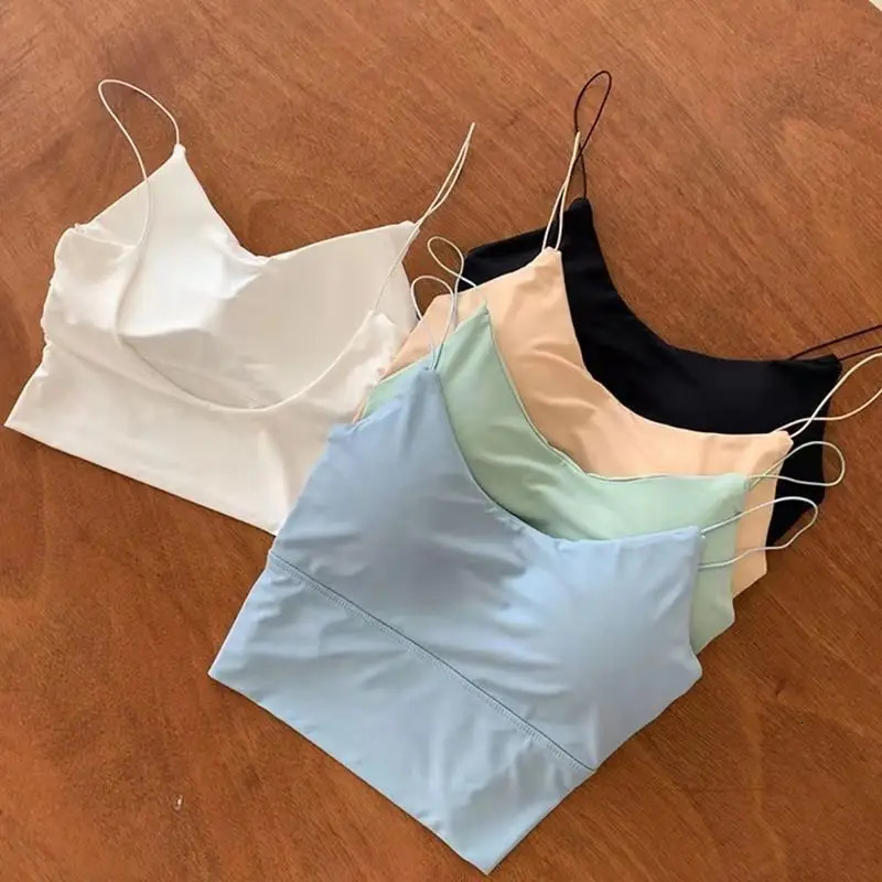 1pc Women Sexy Solid Color Camisole Ice Silk Tube Seamless Sports Tank Top Wireless Underwear Padded Bra Bralette Vest 250527