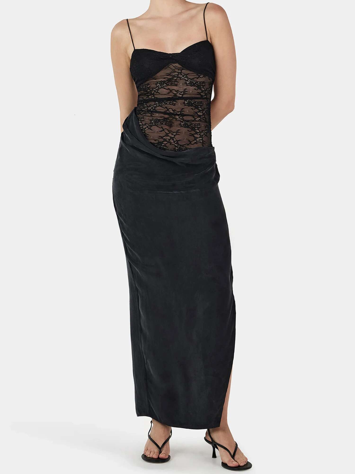 Elegant V-neck Sleeveless Maxi Dress with Side Slit and Lace Detailing Perfect for Summer Cocktail Parties and Events