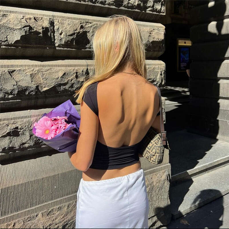 INS European American Style Spring and Summer Women's Solid Color Slim Fit Fashion Round Neck Sexy Backless T-Shirt Women 2025 New Elegant Unique