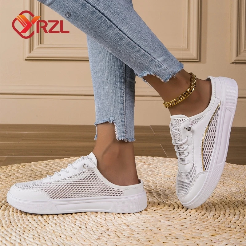 YRZL 2025 Half Slippers Women Shoes Summer Baotou Mesh Breathable White Flat Shoes Non-slip Comfortable Round Toe Mens Sandals 250603