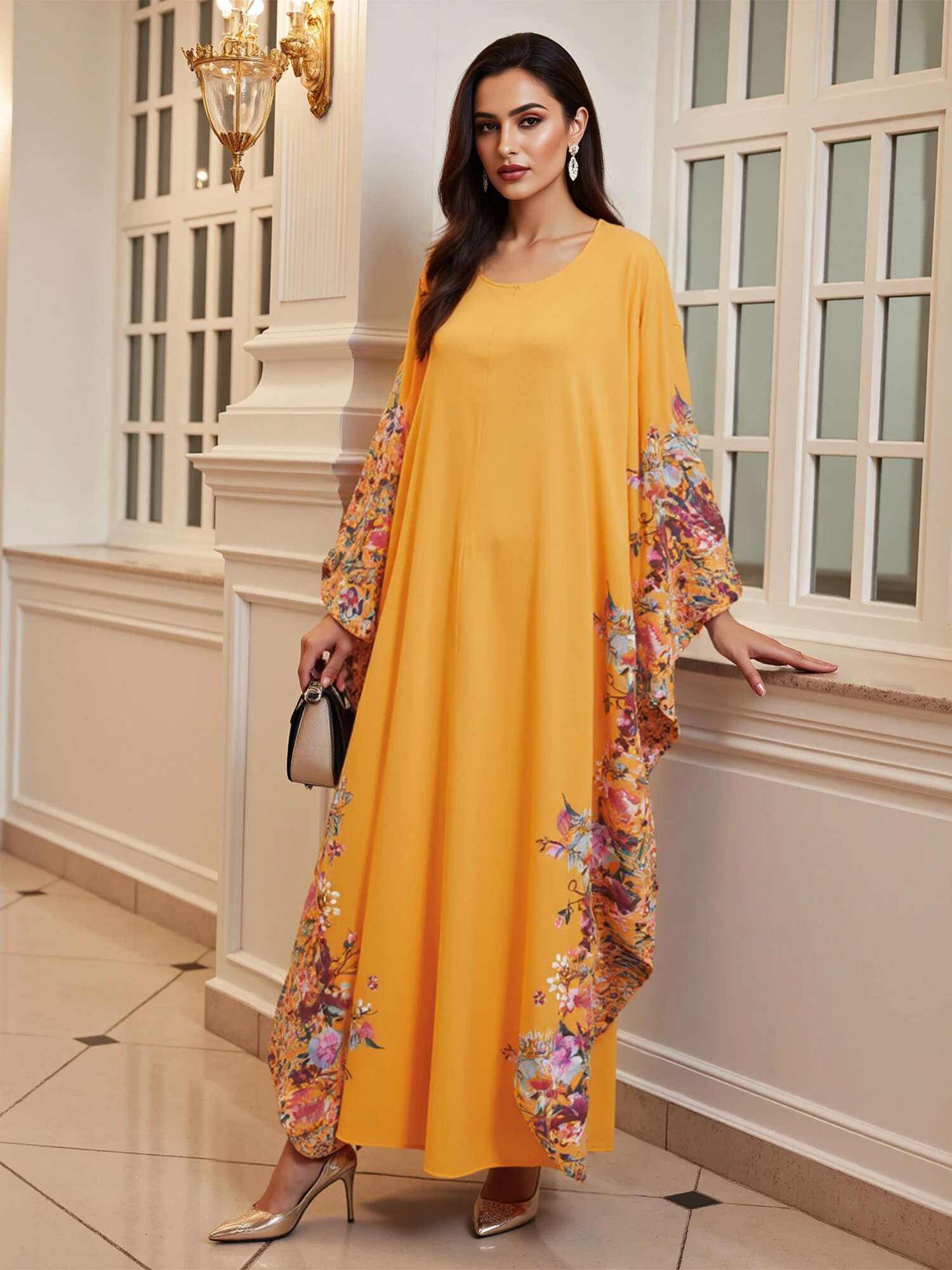 Women Ramadan Abaya Stylish Geometric Pattern Loose Bat Sleeve Split Islamic Prayer Dresses Casual Arabic Dresses Robe