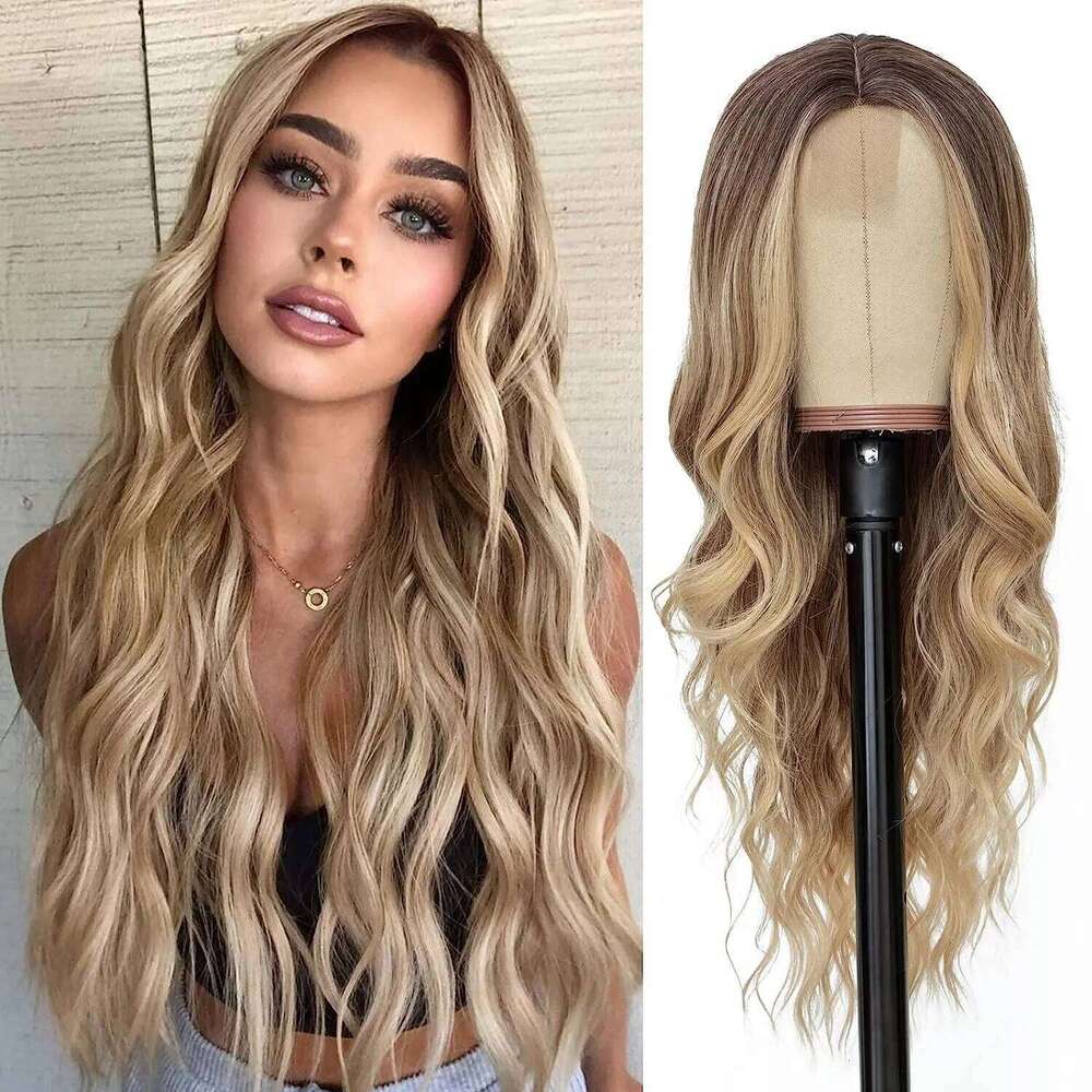 NAMM Synthetic Long Lace Ombre Blonde Wavy Wig Women 26 Inch Middle Part Curly Natural Looking Heat Resistant Fiber for Daily