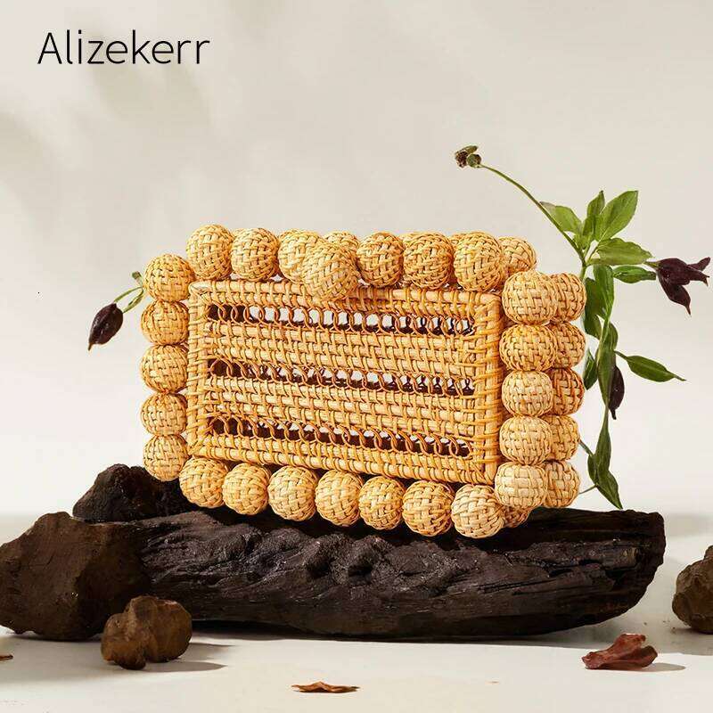 Alizekerr Beaded Hollow Out Rattan Bags Women Boutique Hand Woven Square Beach Wicker Clutch Purses And Handbags Summer Holiday