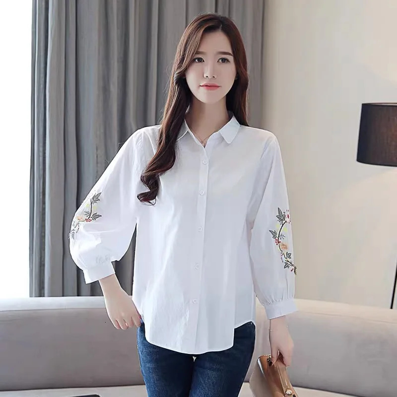It Goes with Everything Embroidered Summer Nine-point sleeve Shirt Literary Women Temperament Lapel Casual Tops 250708