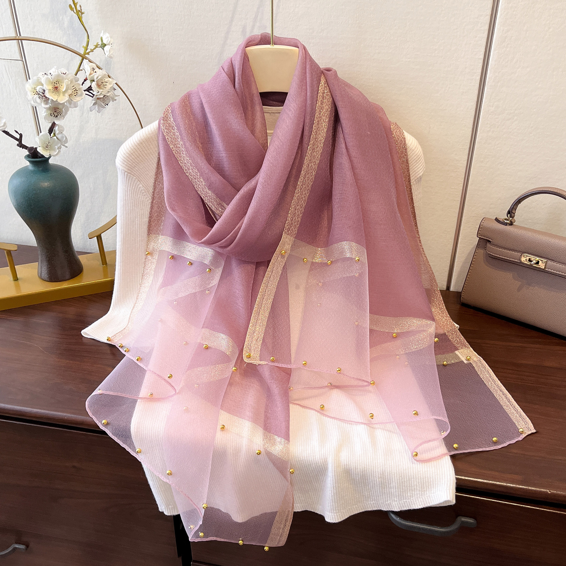 K955 New spring and summer thin gold-edged beaded gauze scarf for women solid color versatile shawl Korean version of imitation silk long scarf