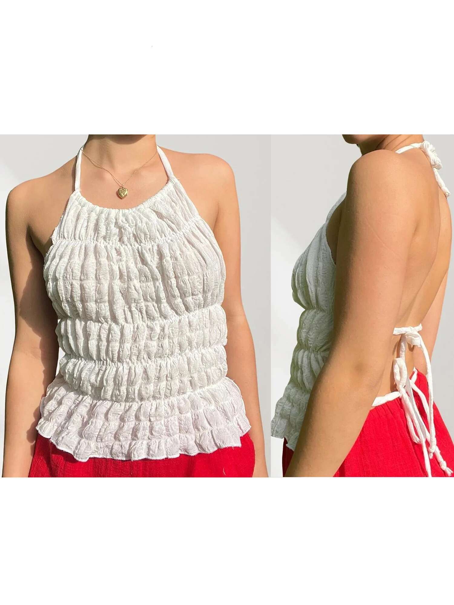 Elegant Lace Trimmed Sleeveless Halter Neck Top with Open Back Detail - Stylish Summer Party Tank for Women