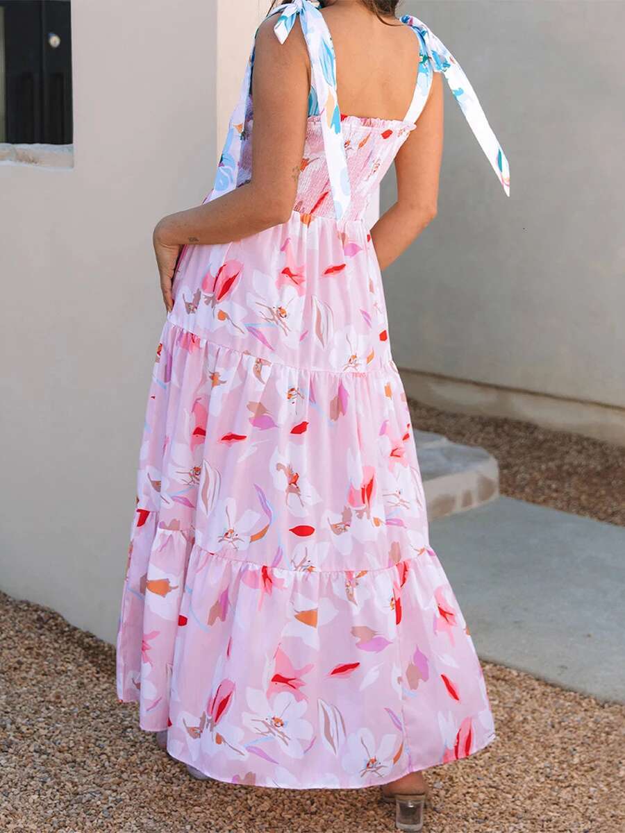 Womens Boho V-neck Maxi Dress with Ruffle Hem and Adjustable Spaghetti Straps for Summer Beach Wedding Party Casual Wear