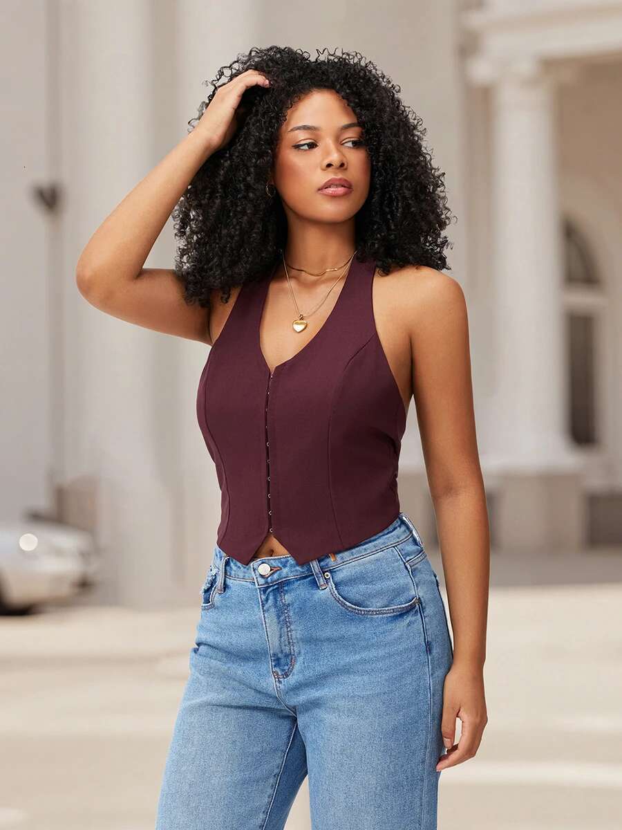 Womens Casual V-neck Sleeveless Tank Tops Loose Fit Solid Color Summer Vest with Adjustable Straps and Back Tie-up Detail