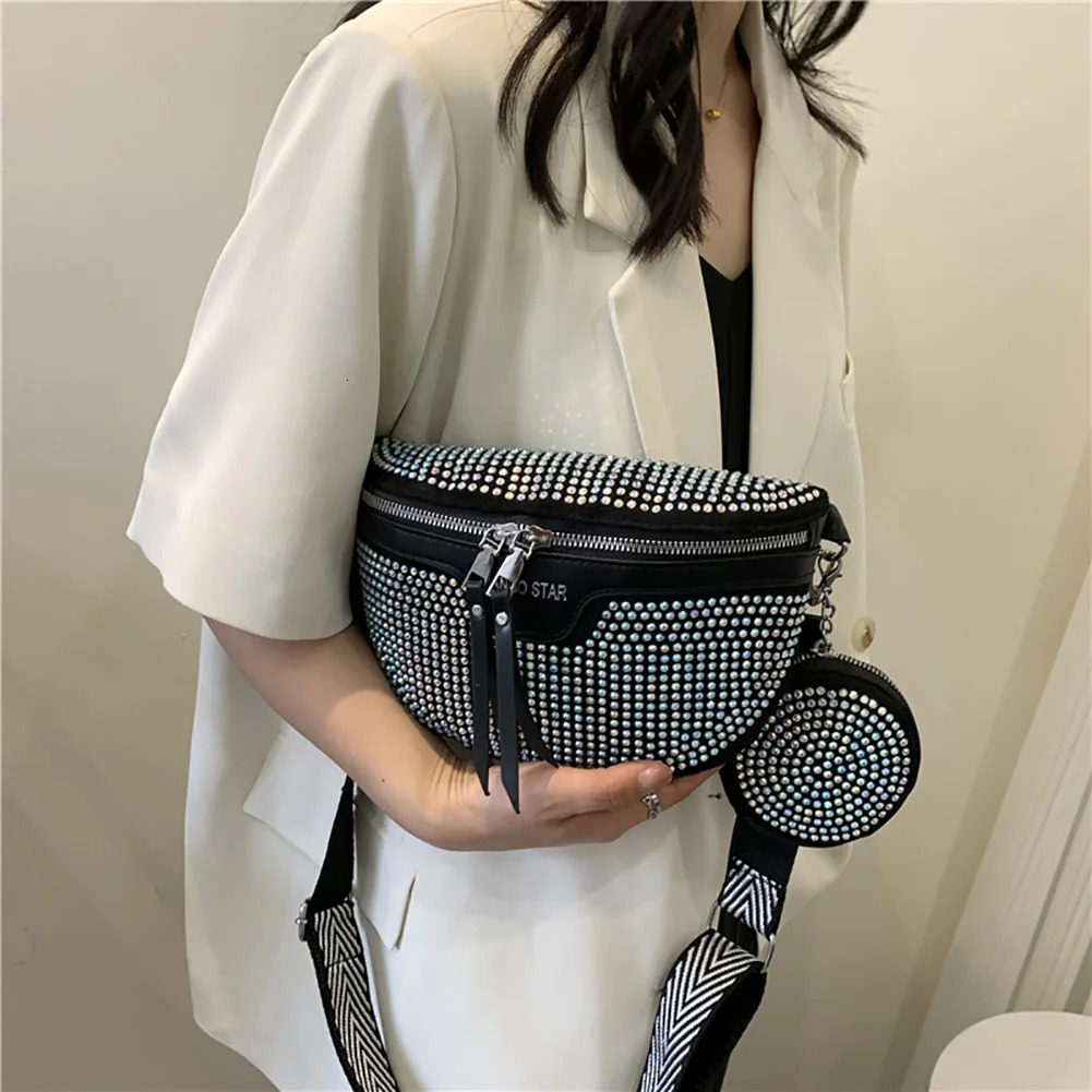 Fashion Rhinestone Waist Belt Bag Lady Shiny Shoulder Crossbody Bags PU Leather Chest Pack for Women Handbags Xmas Gifts 250603