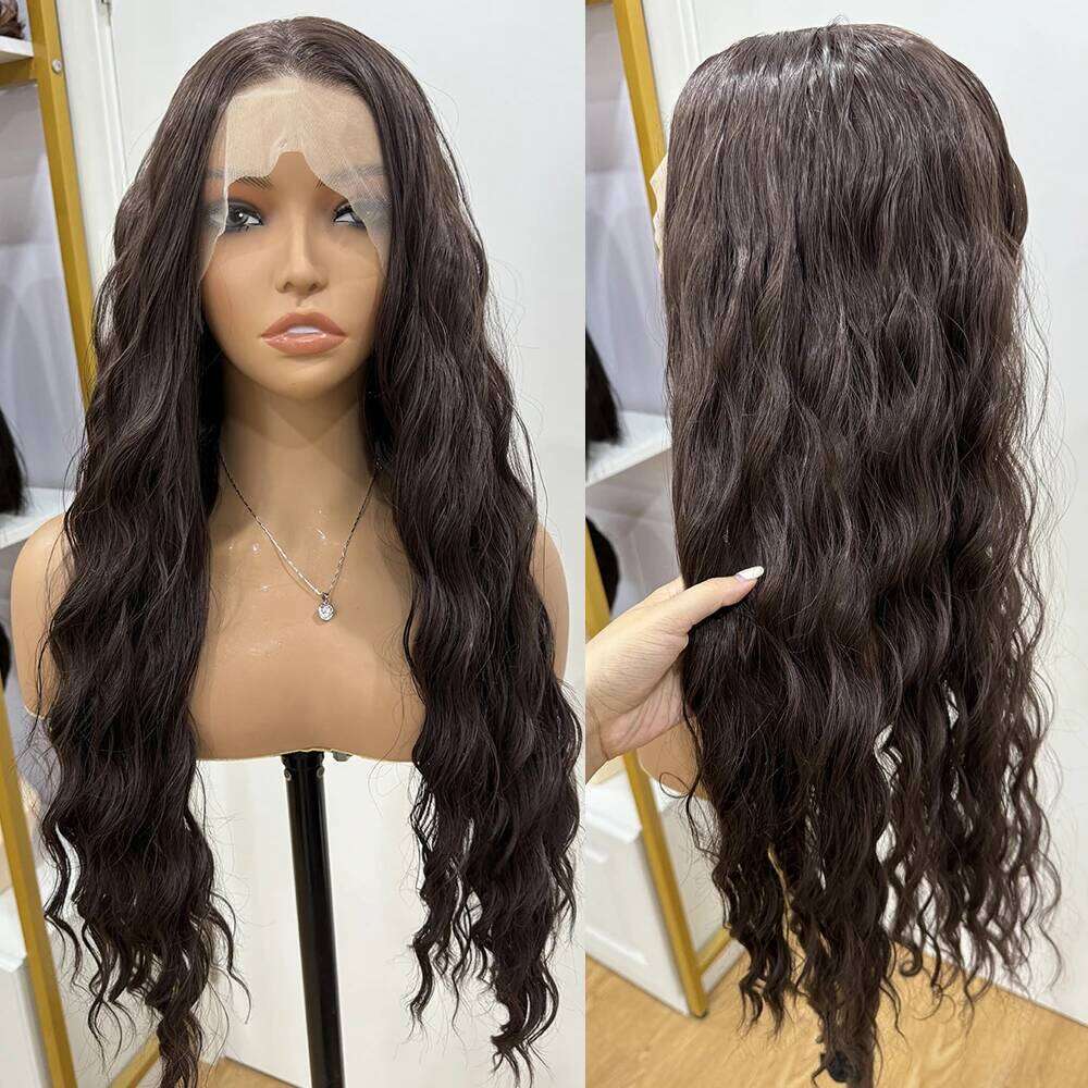 NAMM Chocolate Front Lace Wigs For Women Long Wavy Synthetic Hair Heat Resistant Look Natural Wave Cosplay Brown Wig
