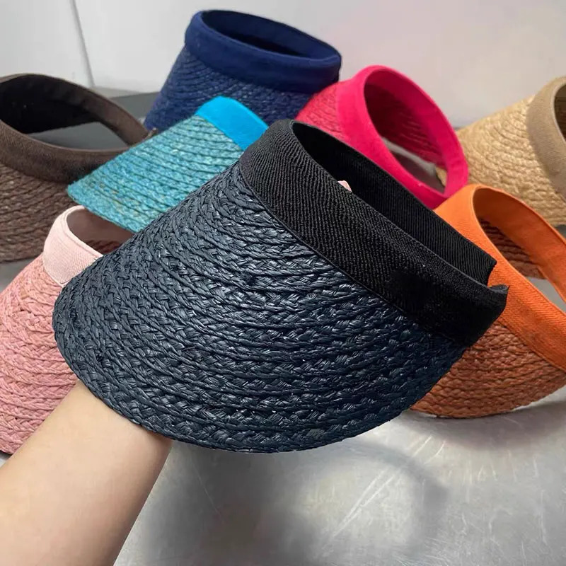 2025 Summer Empty Top Color Raffia Sun Hat Anti Uv Female Visor Cap Casual Shade Hat Straw Wide Large Brim Outdoor Beach Sunhat 250603