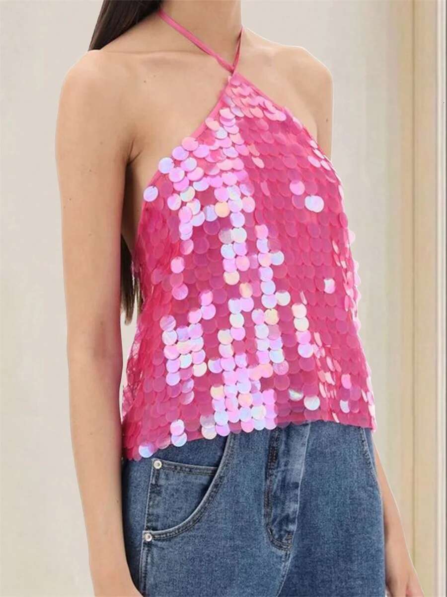 Sequin Embellished Tie-up Halter Neck Tank Top for Womensleeveless Summer Vest with Casual Streetwear Vibe
