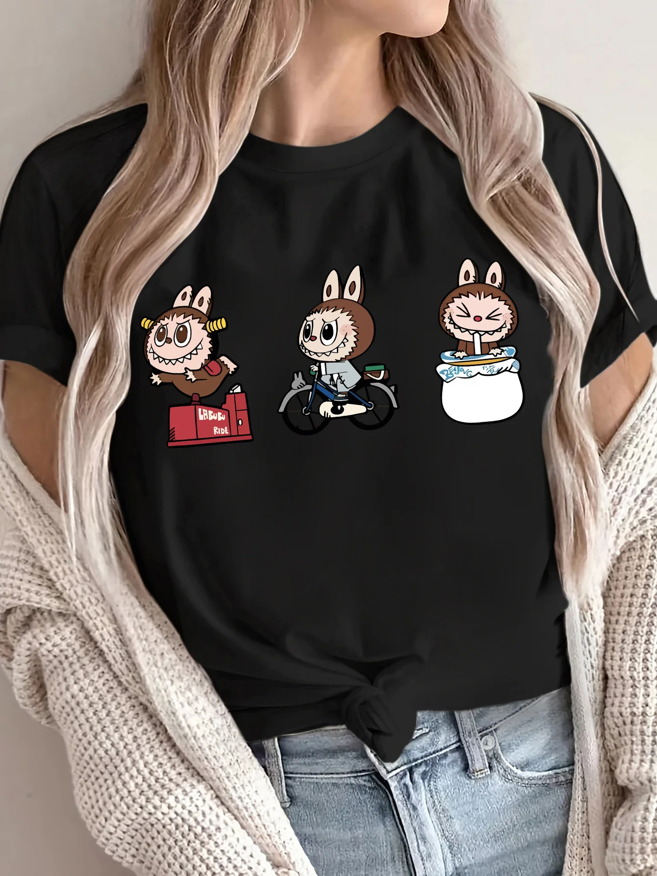 Women Cartoon Print Designer T-Shirt Casual Sporty Style Short Sleeves Perfect for Spring Summer Labubu Pattern Female Tops 2025 New