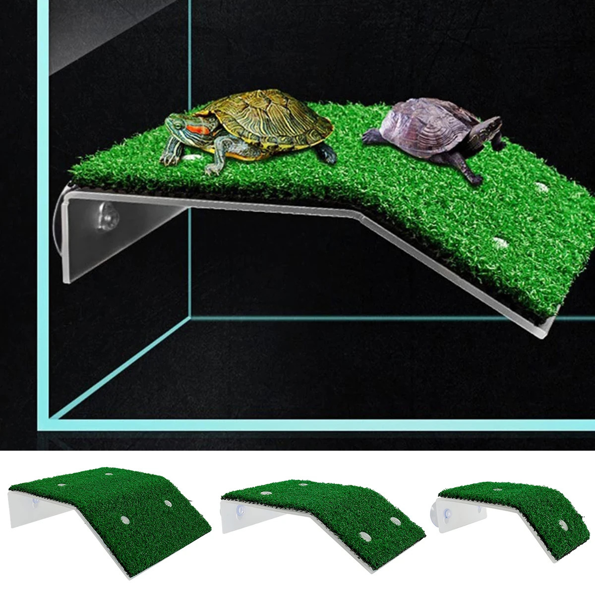 Fish Tank Lawn Turtle Basking Platform Turtle Climbing Platform with Suction Cup Simulation Turf Turtle Ramp Ladder for Aquarium 250604