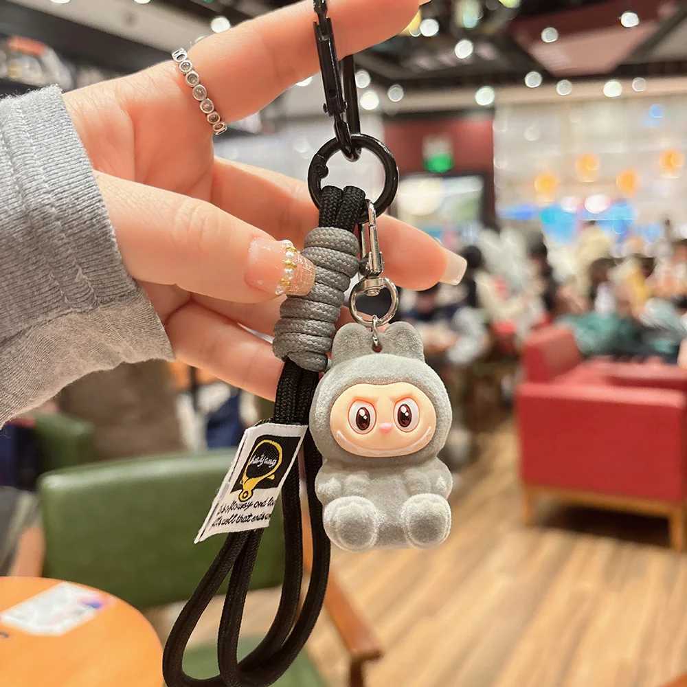 New Trend Cartoon Labubu Keychain Flocked fabric Cute Doll Bag Pendant Fashion Car Key Chain Accessories Gift A41 XJ250607