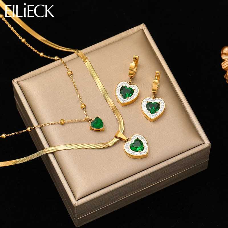 EILIECK 316L Stainless Steel Heart Shaped Green Zircon Pendant Necklace Earrings For Women Girl Fashion Waterproof Jewelry Set Z250607