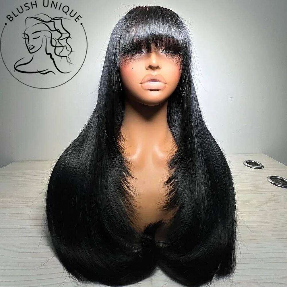 NAMM Straight Cut Wigs with Bangs HD Fake Scalp Synthetic Natural Layered Lace For Women Glueless Heat Resistant Wig