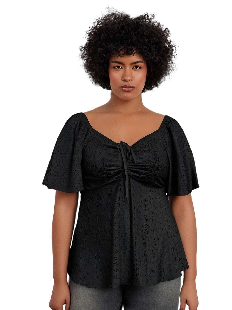 Women Plus Size Tops Casual Short Sleeve Blouses Solid Color V-neck Hollow-out Drawstring Tie-up Front Summer Shirt Feminine