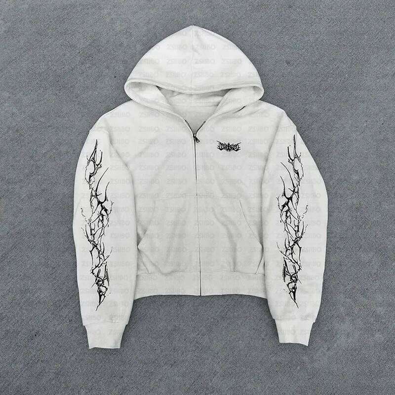 2025 new European and American retro punk complex design printed zipper cardigan hoodie trousers sweatpants suit street wear