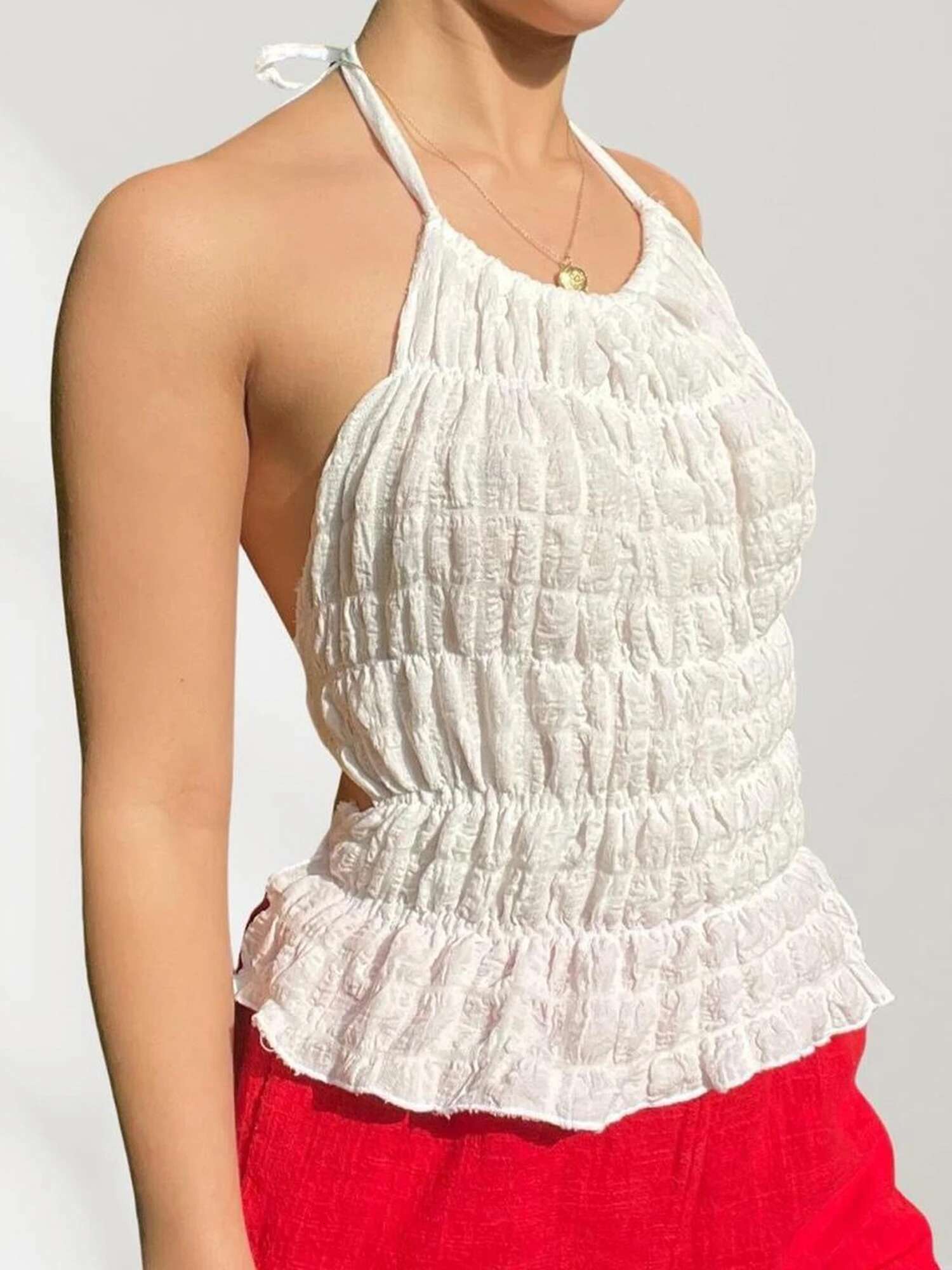 Elegant Lace Trimmed Sleeveless Halter Neck Top with Open Back Detail - Stylish Summer Party Tank for Women