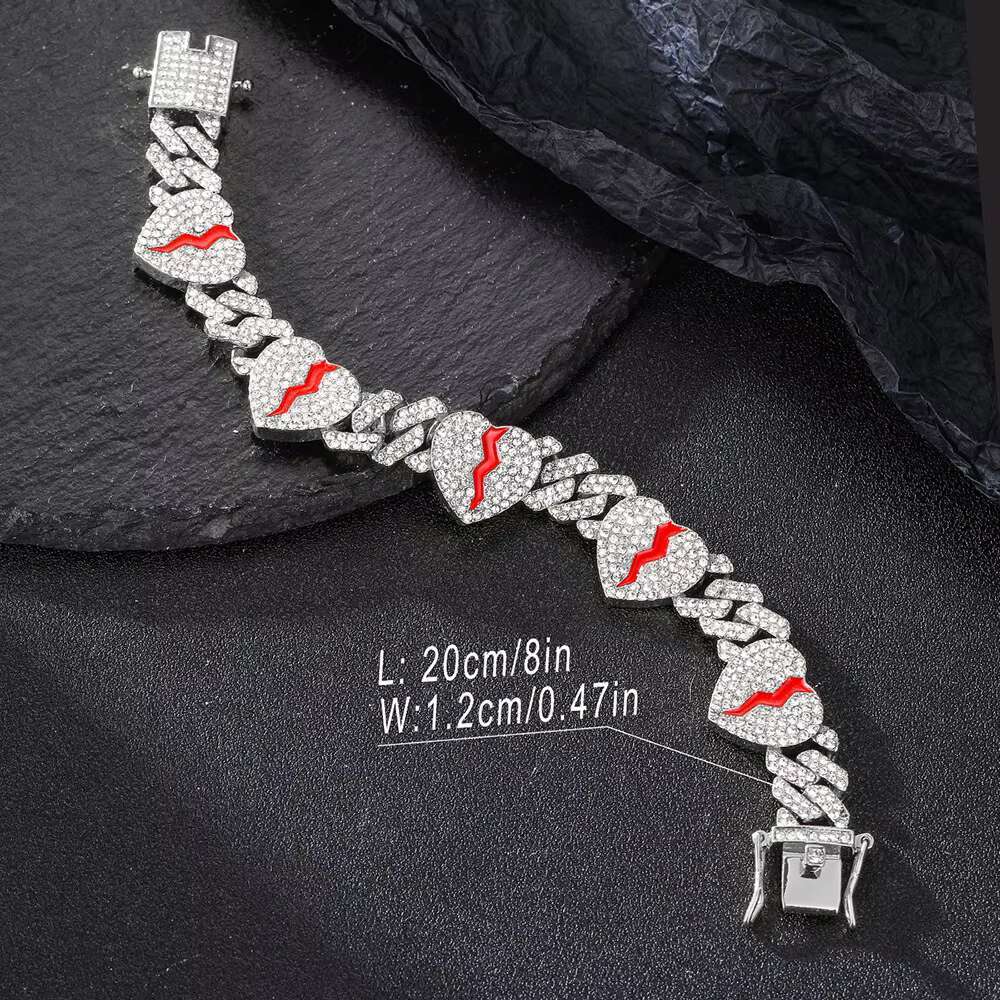 Hip Hop 12MM Punk Red Broken Heart Gold Miami Cuban Chain Necklace Bracelet for Men Women Gift