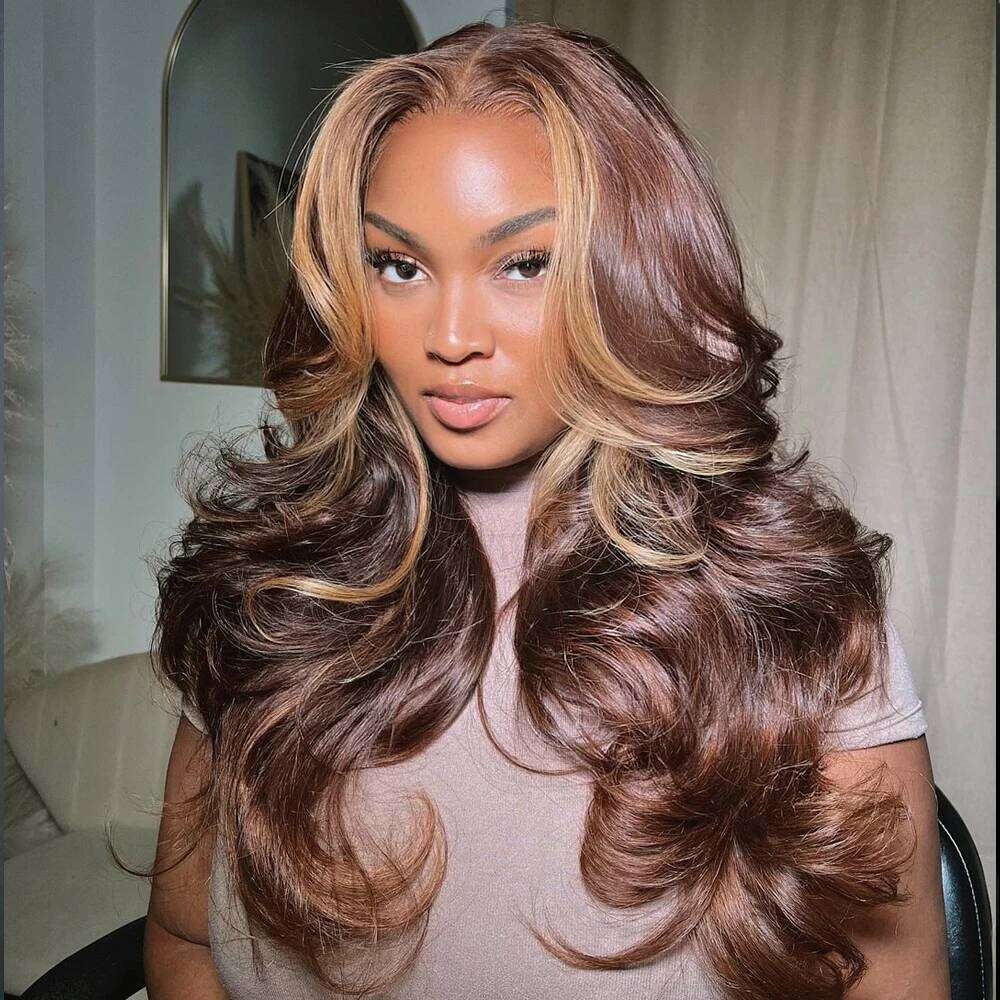 NAMM Chocolate Brown Skunk Stripe Wig Honey Blonde Body Wave Lace Front Highlight Synthetic Glueless Wigs For Women