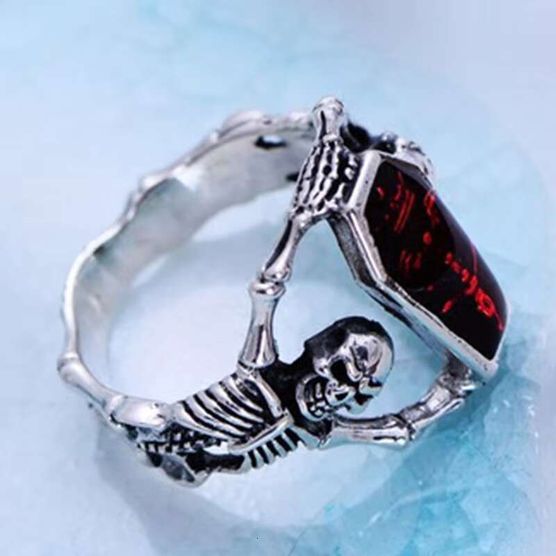 Vintage vampire bat skull ring; red diamond gothic wide band ring; men's punk style ring; hip hop Halloween gift