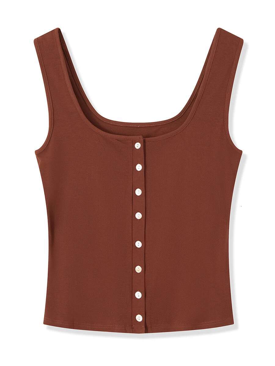 Ladies Casual Sleeveless Ribbed Tank Top with Square Neckline and Button Detail Fit Knit Vest for Summer Wear