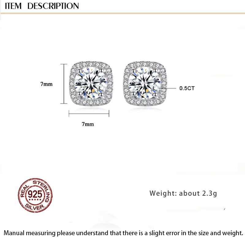 Fine Exquisite Jewelry Earrings Real 925 Sterling Silver Full Diamond Fat square Moissanite Stud Earrings