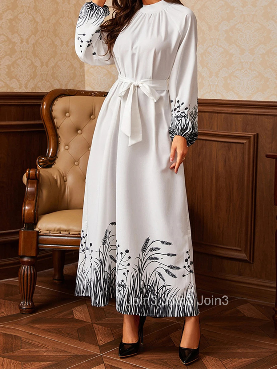 Elegant Floral Print Maxi Dress with Waist Tie Traditional Middle Eastern Design Flowy Round Neck Long Sleeve Abaya Gown