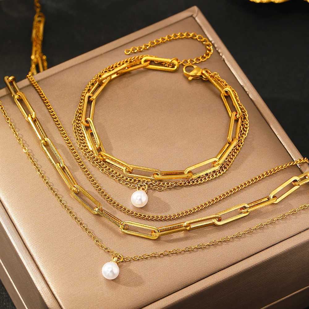 Stainless Steel Jewelry Set Elegant Delicate Pearl Pendant Jewelry Set Luxury Multi-Layer Chain Jewelry Set For Women Jewelry Z250607