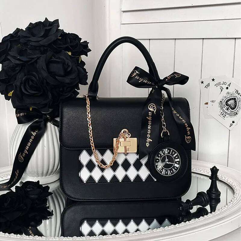 JIAERDI Sweet Bow-Knot Handbags Women Japanese Kawaii Lolita Square Crossbody Bags Ladies Chessboard Dia Grid Black Itabag