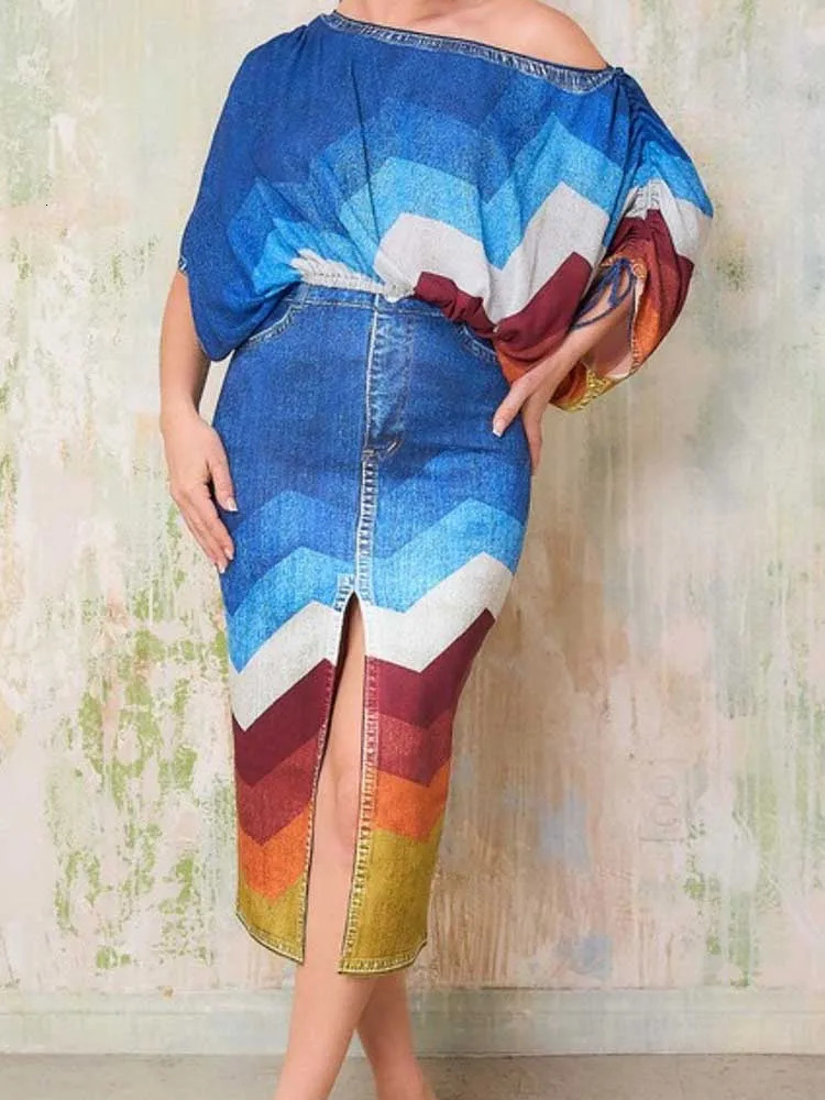 2 Piece Outfit Set Women Streetwear Summer Outfits with Skirts Denim Print Elegant Chic Open Split Skirt Long Sexy Female 250605