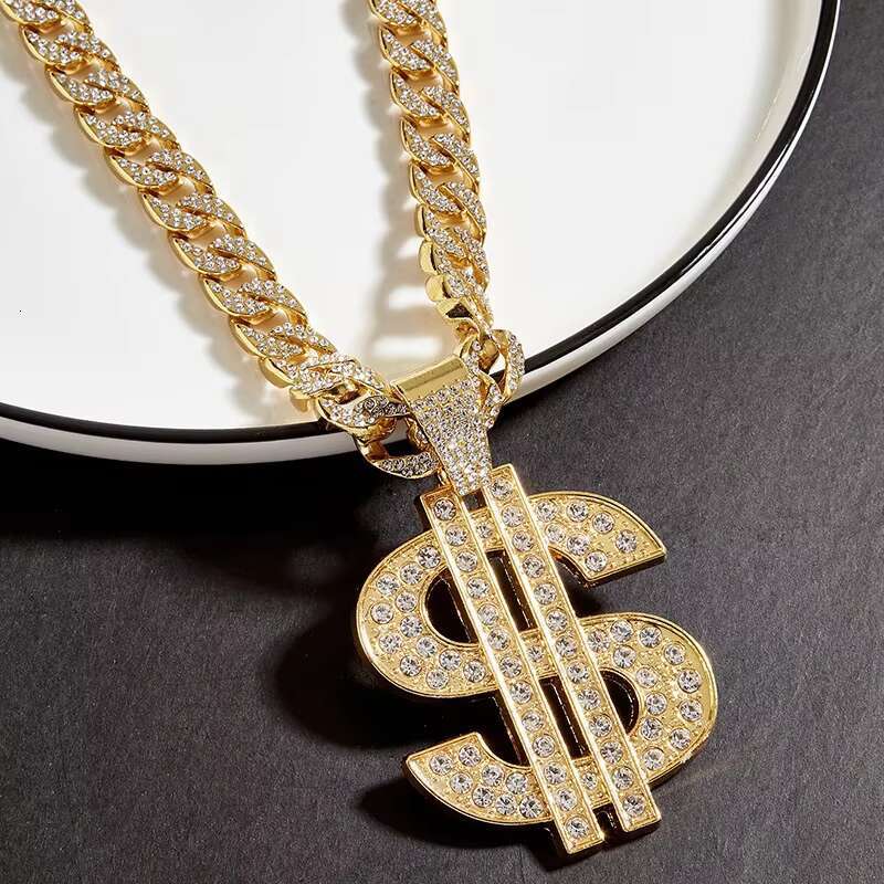 Hot Sell Hip Hop Diamond Encrusted Dollar Pendant Cuban Chain Necklace Accessories Bully Street Dance Nightclub Collarbone Chain