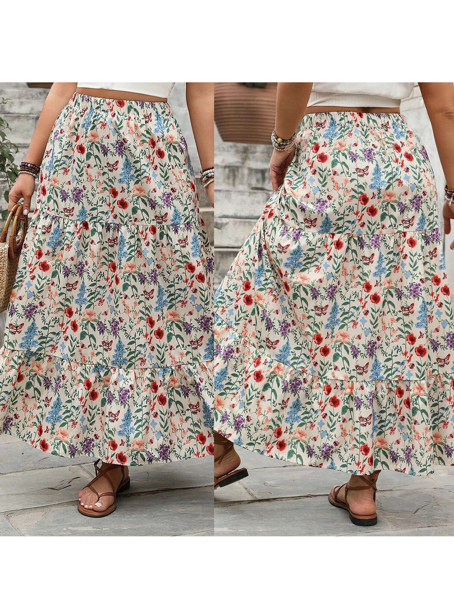 Womens Vintage Boho Style Maxi Skirt with Elastic Waistband Flowy Floral Print Summer Skirt for Casual Daily Wear