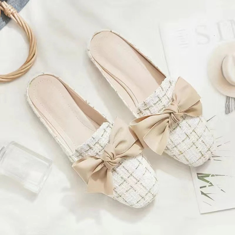 Pearl With Bow Sandals Outside Woman Slippers Low Heel Slides Summer 2025 Shoes for Women Liquidation Footwear Wholesale 250603