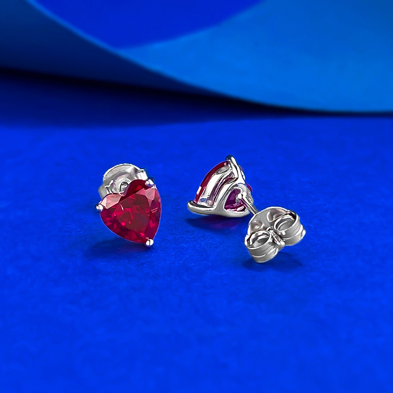 Choucong Ins Top Sell Sweet Cute Girls Simple Fine Jewelry Genuine 100% 925 Sterling Silver Heart Shape Red Garnet Diamond Women Lover Stud Earring Gi