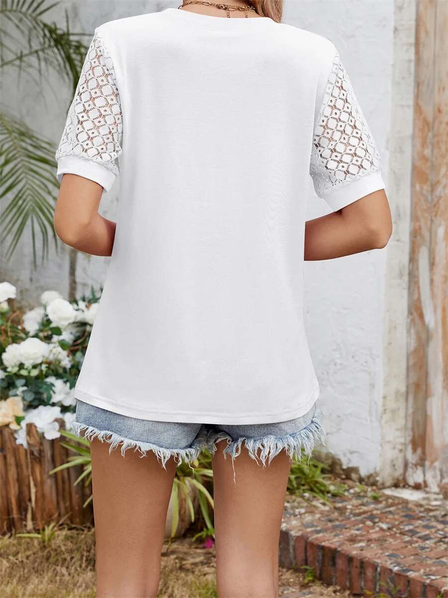 Womens Lace Hollow-out Short Sleeve T-shirt Round Neck Loose Fit Casual Top Summer Streetwear Fashion Blouse