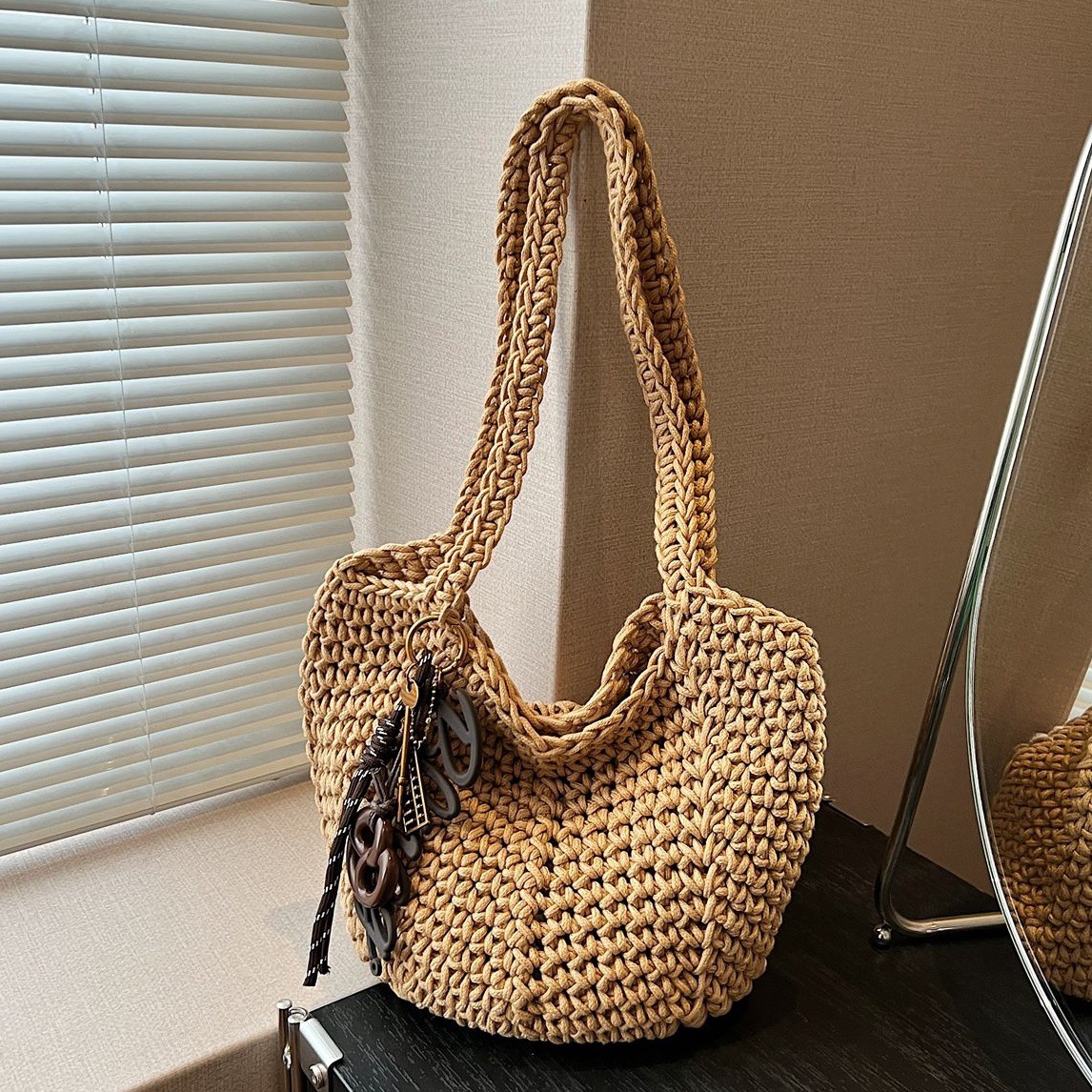 designer Vintage INS Single Shoulder Cotton Yarn Woven Bag New Crochet Handbag Casual Large Capacity Vacation Beach Bag