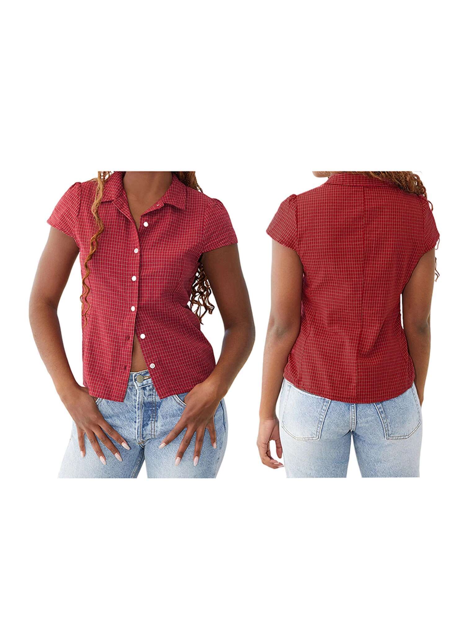 Womens Stylish Plaid Shirt in Blue with Short Sleeves and Turn Down Collar - Casual Button Up Top for Summer Wear