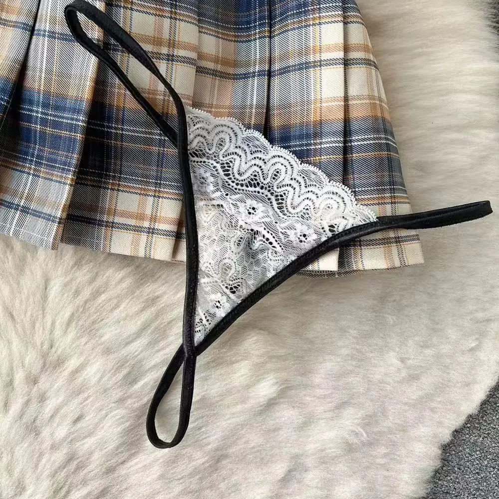 Preppy Style Role-play Womens Sexy Jk Set Japan Erotic Lingerie Skirt Set See Through Lace Camisole Plaid Pleated Mini Skirt 250603