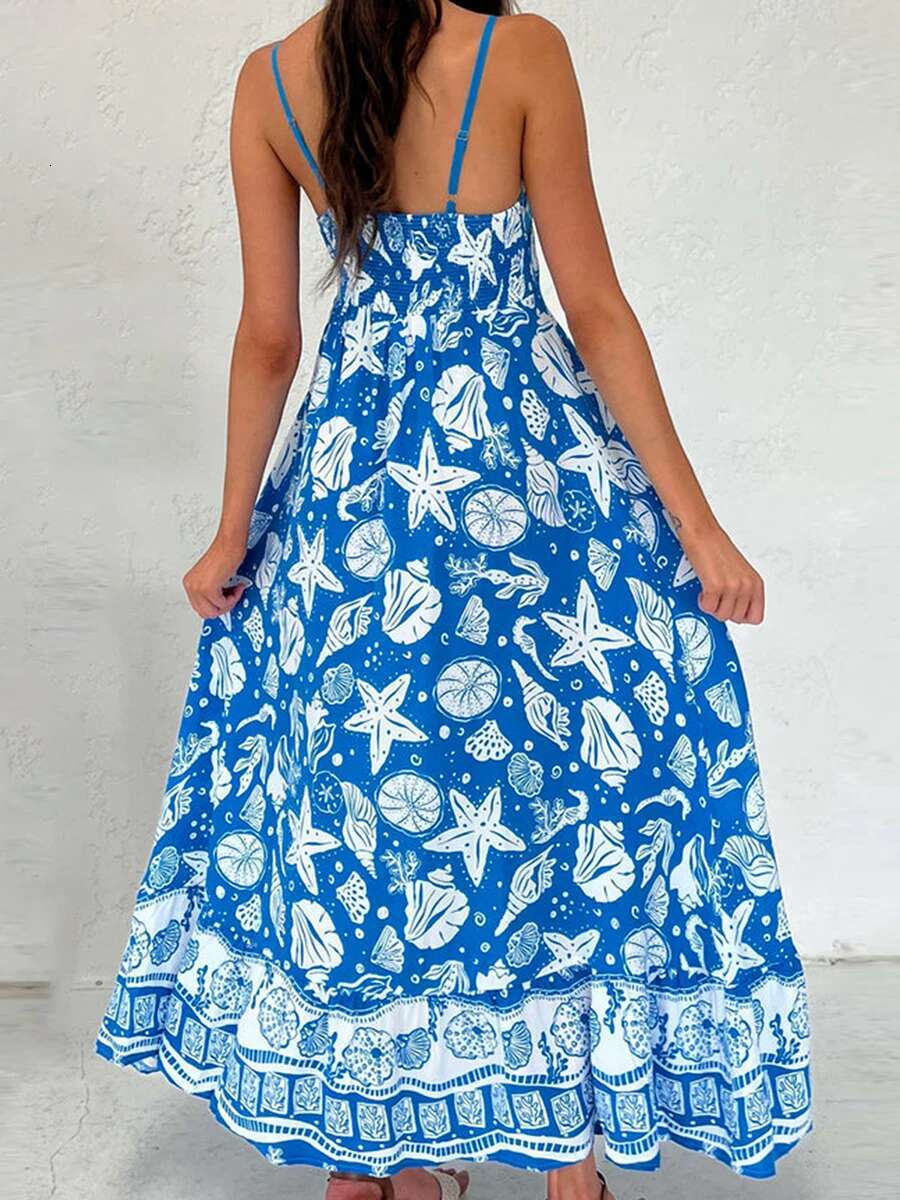 Womens Elegant Floral Print Sleeveless Maxi Dress with Adjustable Spaghetti Straps and A-line Silhouette for Summer Beach