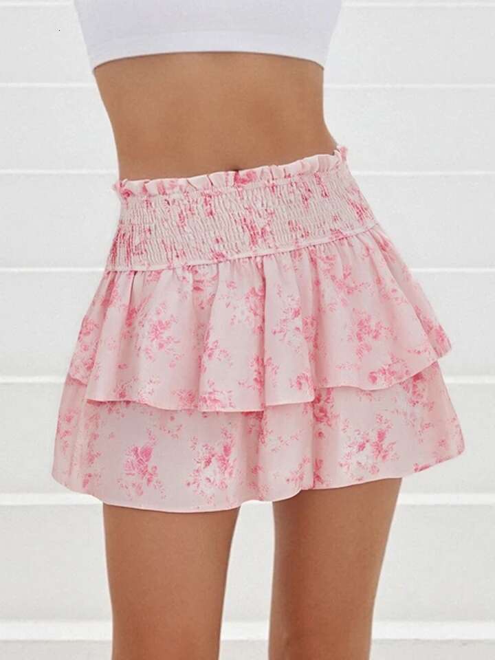 Womens Boho Chic Floral Print Tiered Ruffle Skirt High Waist Flowy Mini Short Skirt Casual Streetwear Fashion