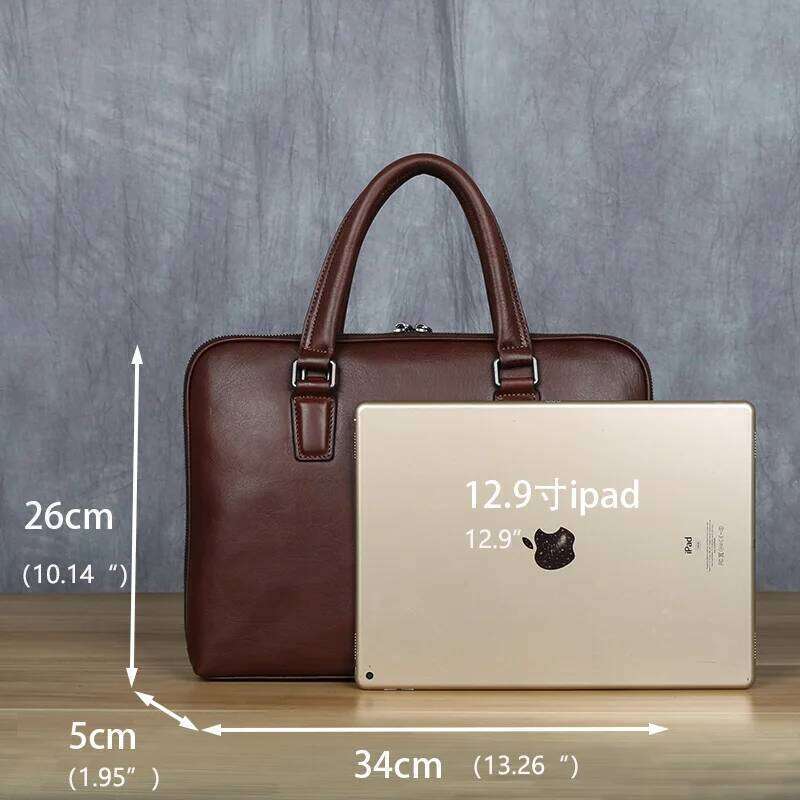 Vintage Men's Briefcase Top Layer Cowhide Casual Handbag Leather Business Shoulder Messenger Brown 14 Inch Laptop Bag NZPJ