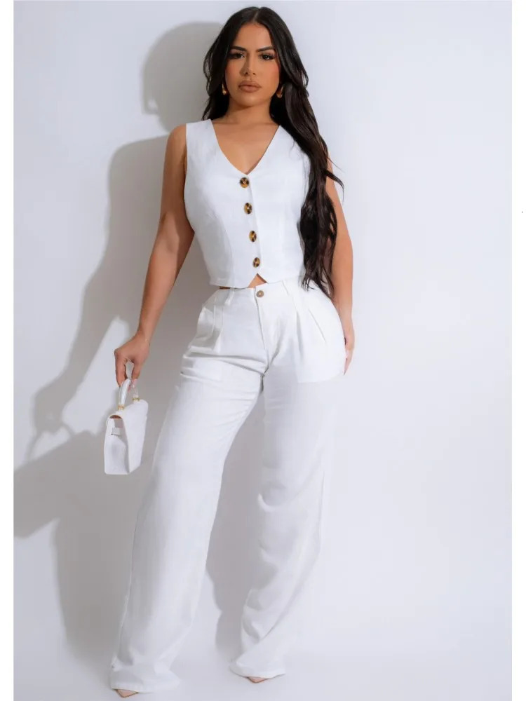 Fashion Sleeveless Vest Pants Women Solid Color Suit Spring Summer V Neck Ultra Short Top Slim Pants Female Office 2 Piece Set 250605