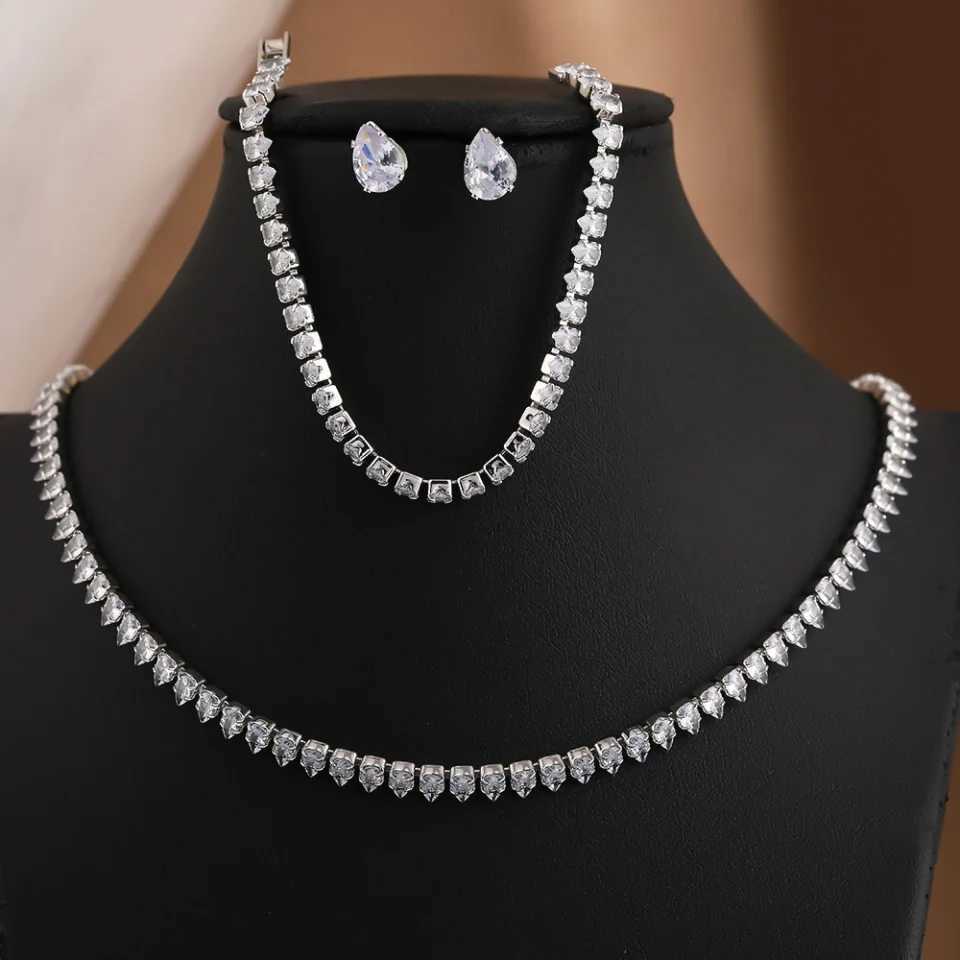 Fashionable Classic Water Drop Zircon Necklace Earring Three-piece Set Dinner Wedding Party Dress Accessories Z250607