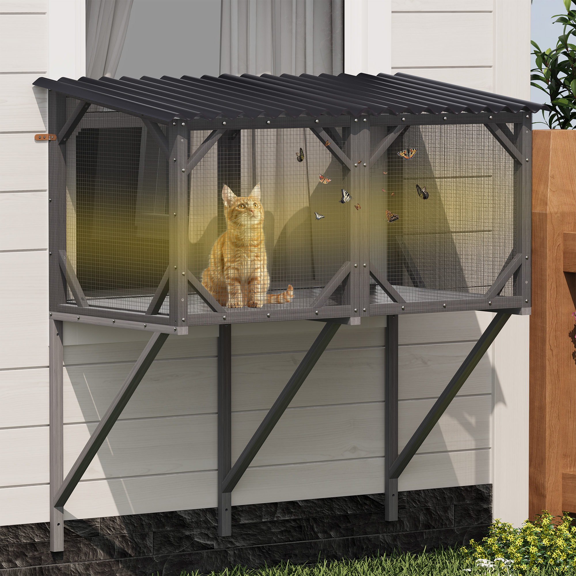 Cat Window Box 43.3" Catio Outdoor Cat Enclosure with Bug Proof Net for Sunbathing Napping Viewing Window Perch for Large Indoor Cats - All Weath