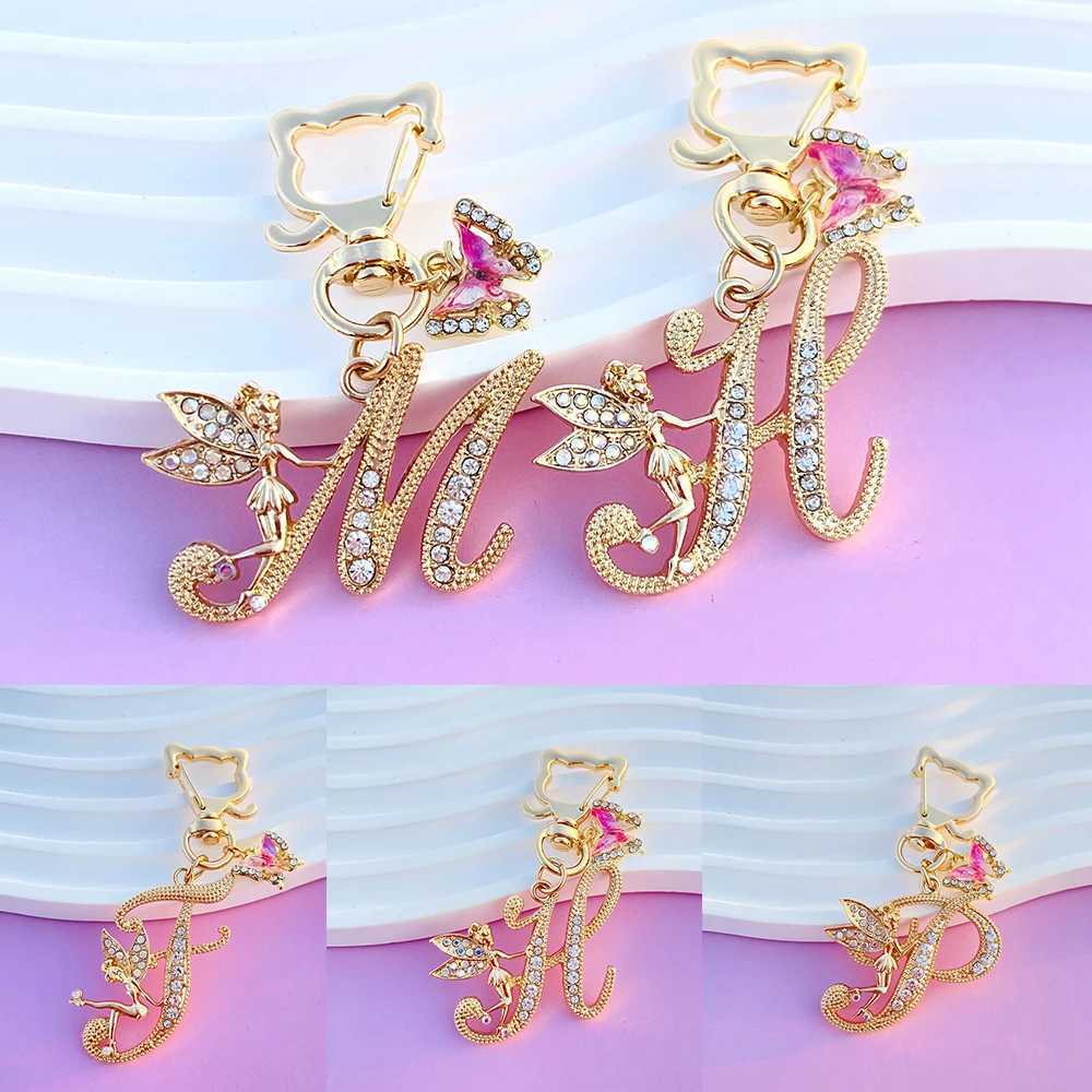 Fashion Angel Crystal A-Z 26 Initial Letter Metal Butterfly Keyring Women Keychain Mothers Day Gift Accessories Girl Jewelry XJ250607