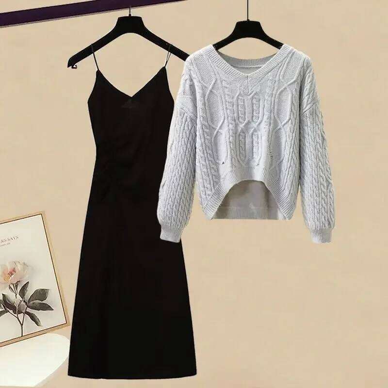 Autumn Winter Knitted Dress Set for Women with Hole Design Camisole Inner Wear Casual Japanese Style Fashion Half Skirt Suit